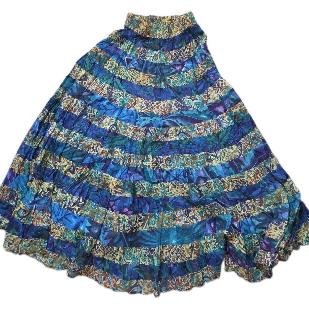 Vintage Phool Tiered Maxi Skirt Blue Green Boho Crinkle Festival Womens M EUC